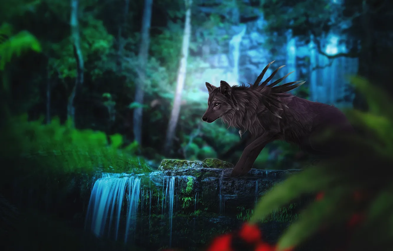 Photo wallpaper forest, nature, wolf, fantasy, by Fiirewolf