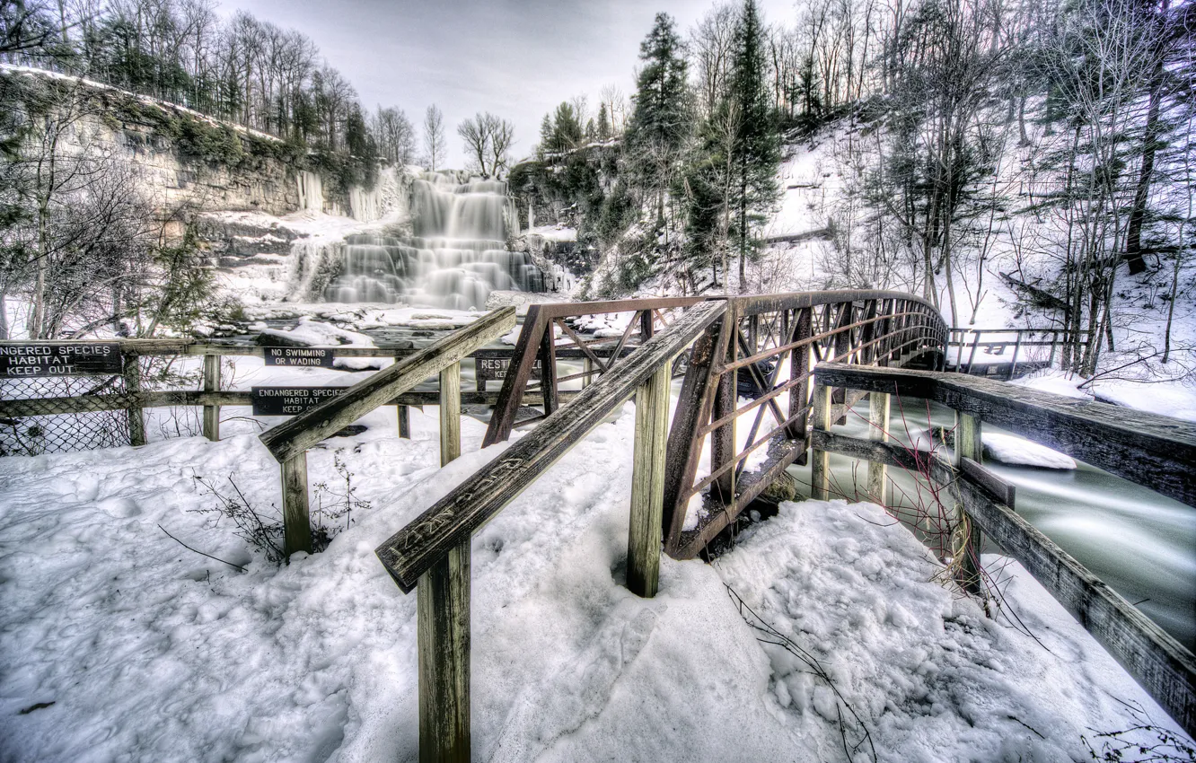 Photo wallpaper winter, snow, trees, mountains, bridge, rocks, waterfall, USA