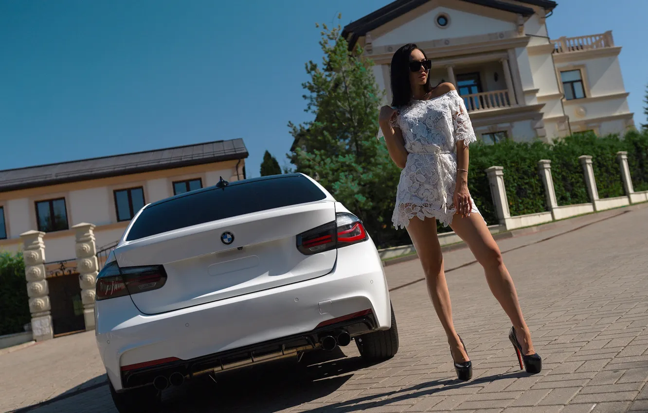 Photo wallpaper machine, girl, home, BMW, dress, glasses, shoes, legs
