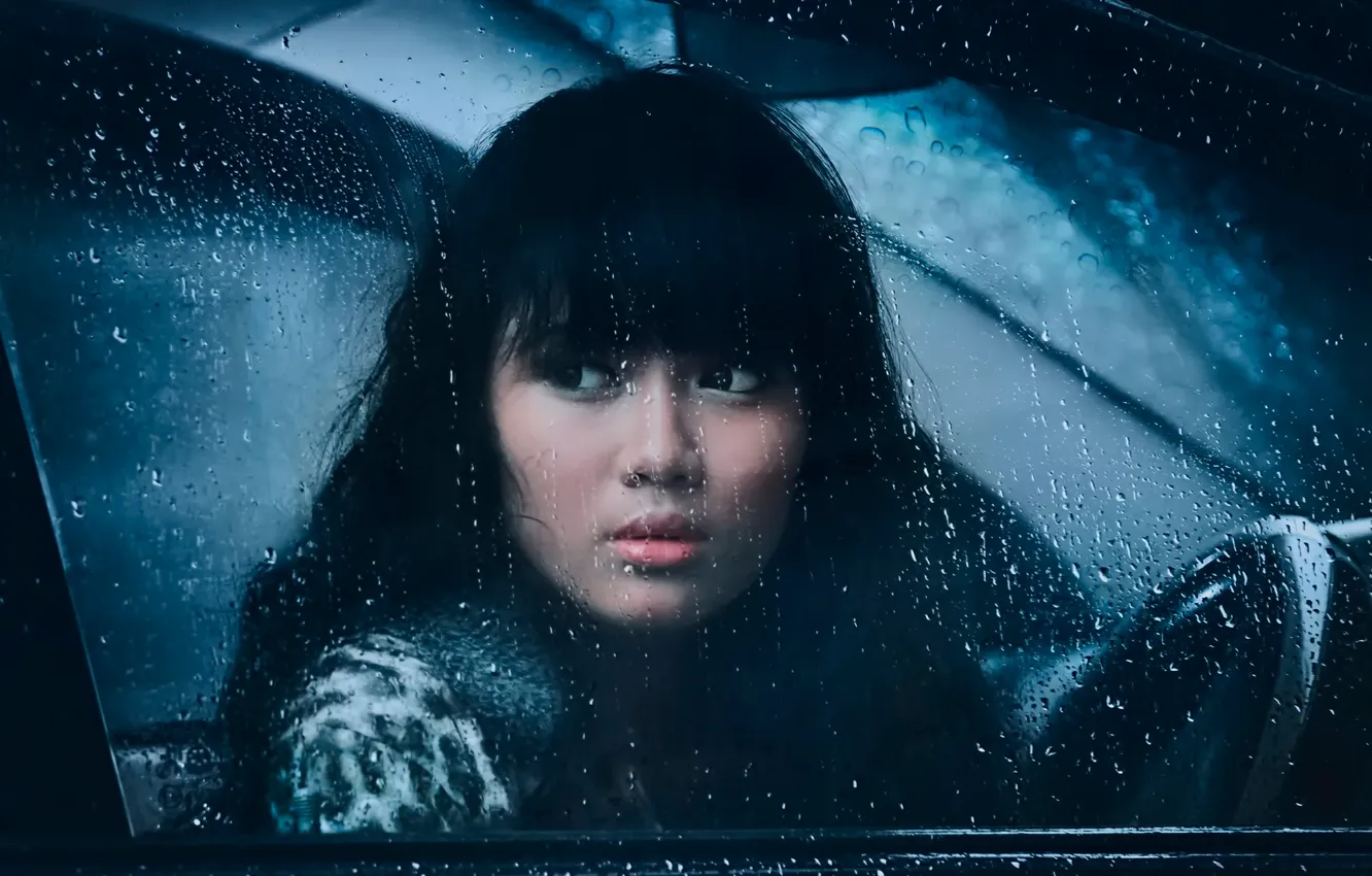 Photo wallpaper sadness, girl, drops, rain, window