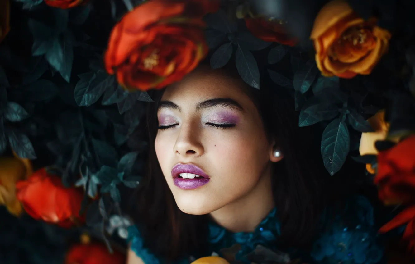 Photo wallpaper girl, flowers, face, mood, roses, makeup, Igncia lbornoz
