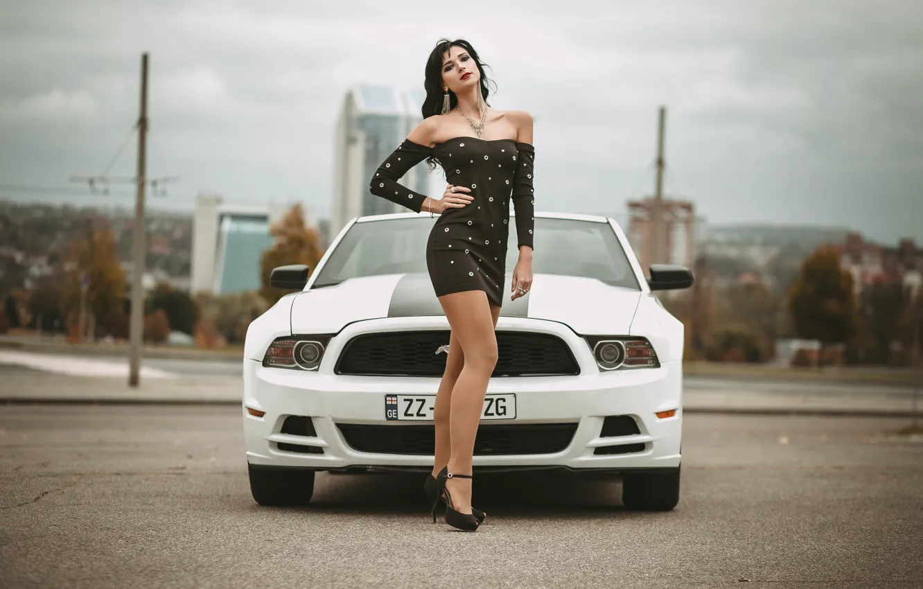 Photo wallpaper machine, auto, girl, pose, figure, dress, Ford Mustang, Ivan Kovalev