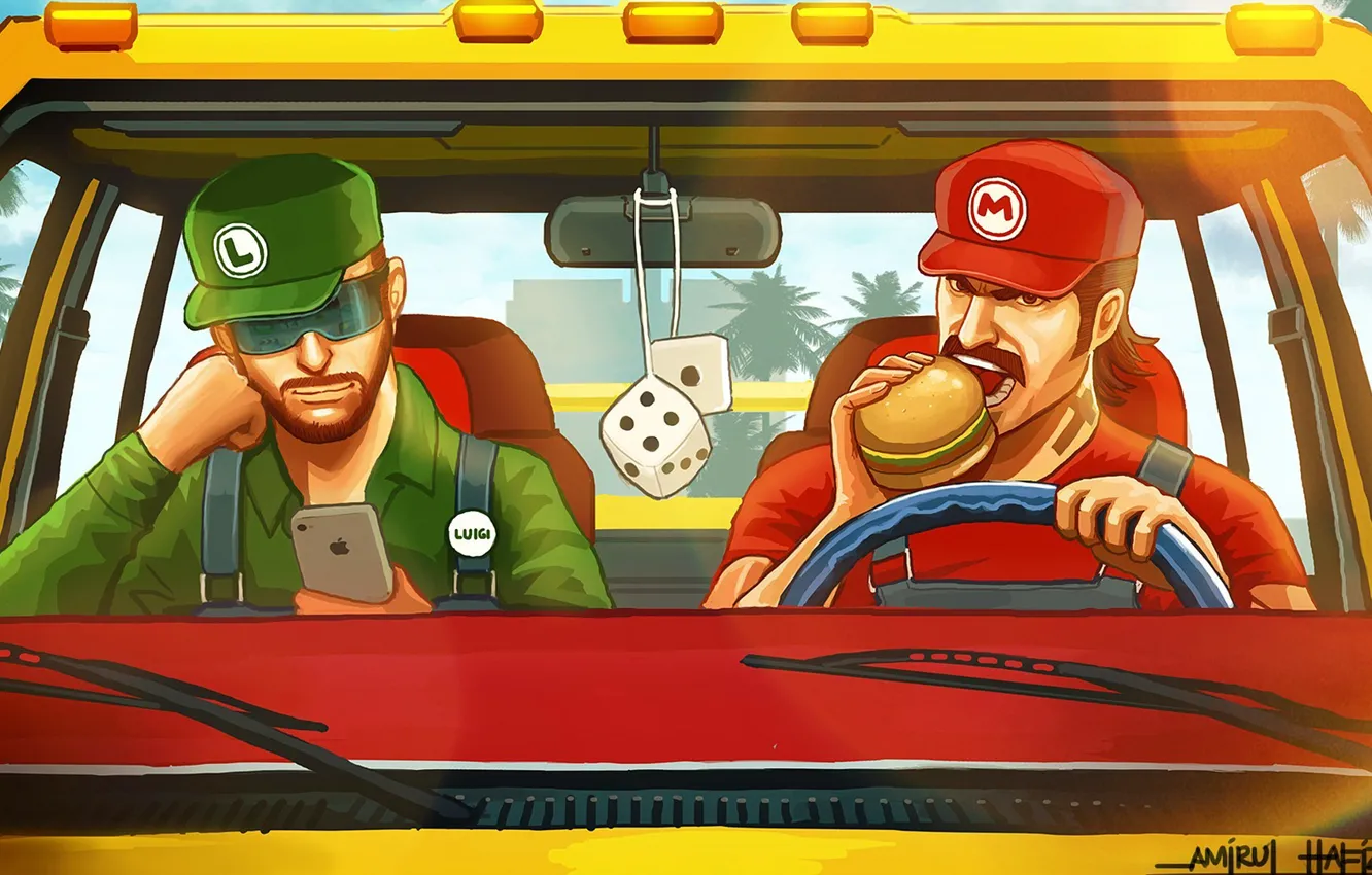 Photo wallpaper car, brothers, Mario, hamburger, iPhone, gta, Luigi