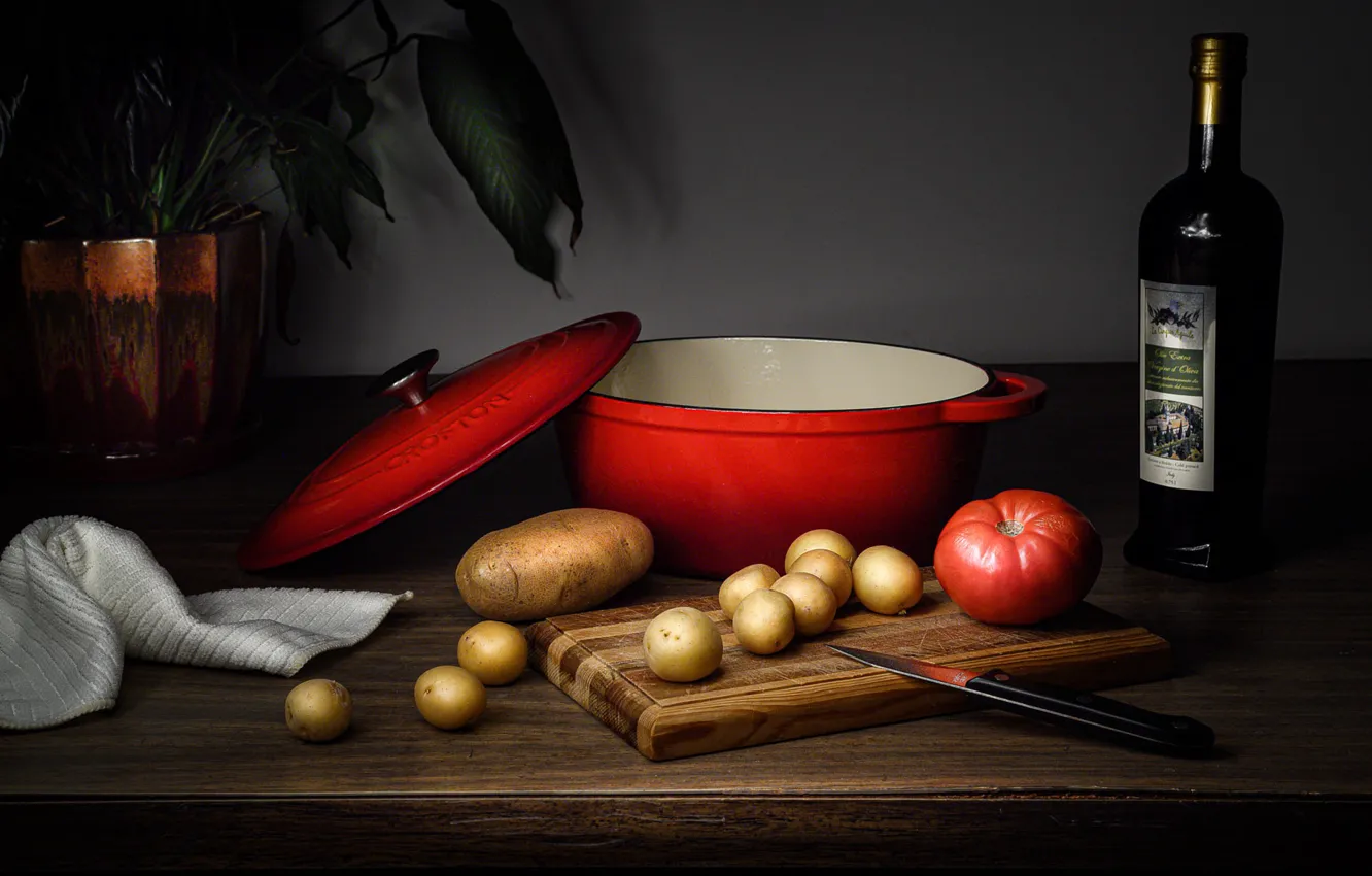 Photo wallpaper table, wine, bottle, pan, still life, tomatoes, items, potatoes