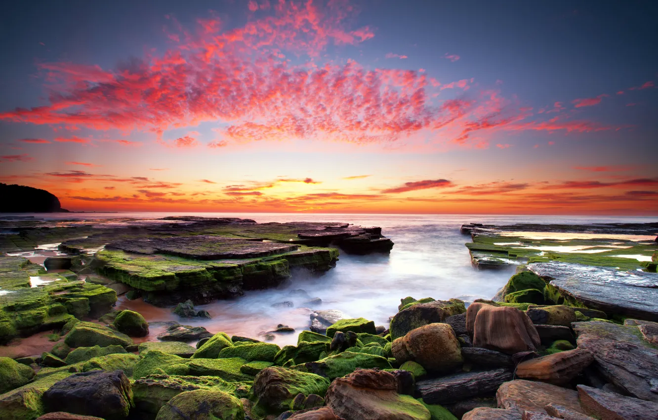 Photo wallpaper sea, the sky, clouds, stones, the ocean, paint, moss