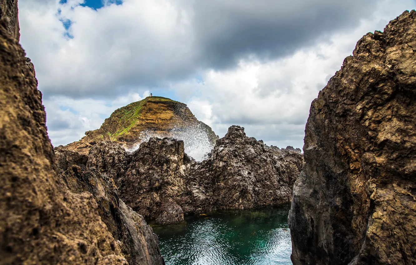 Photo wallpaper sea, the sky, clouds, stones, rocks, Portugal, Madeira