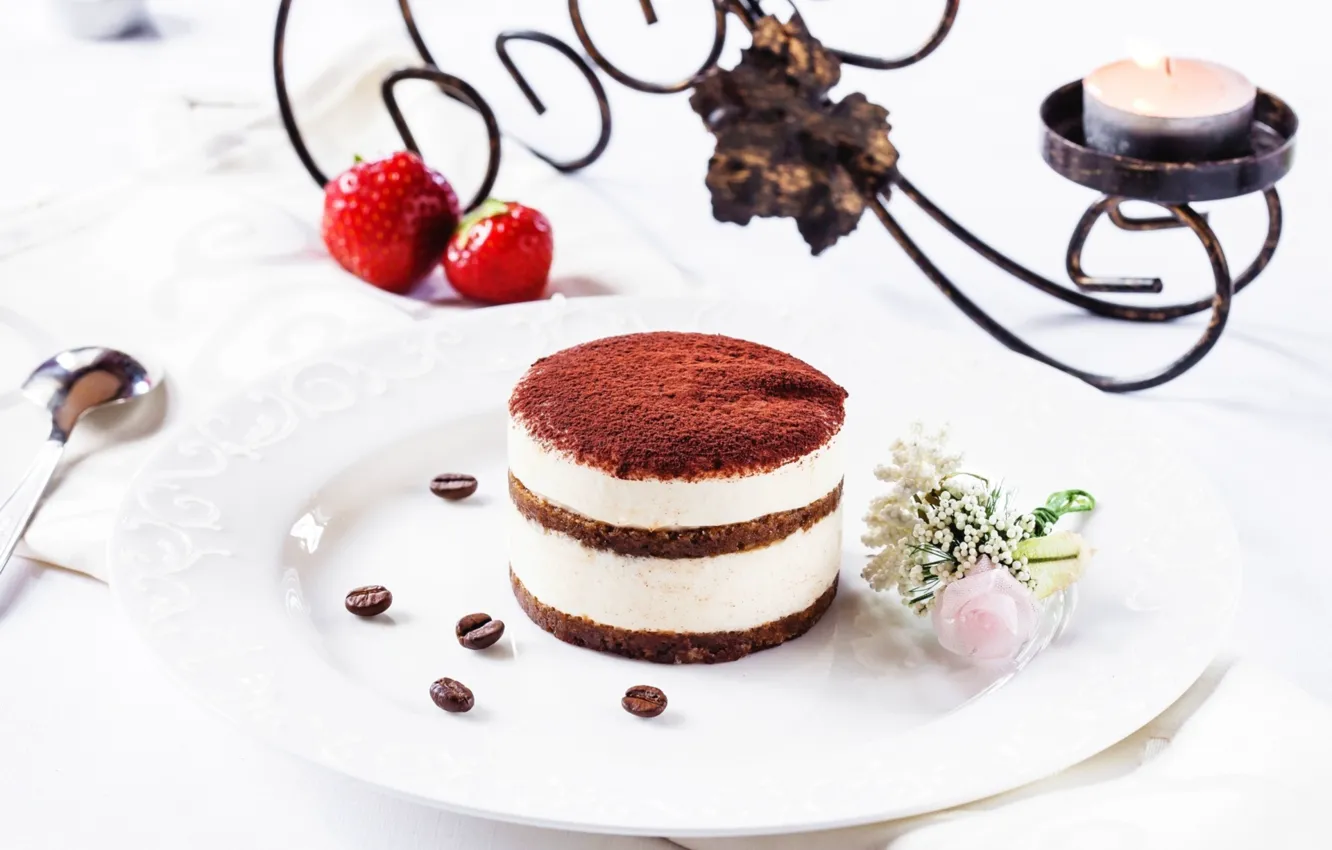 Photo wallpaper chocolate, candles, strawberry, tiramisu