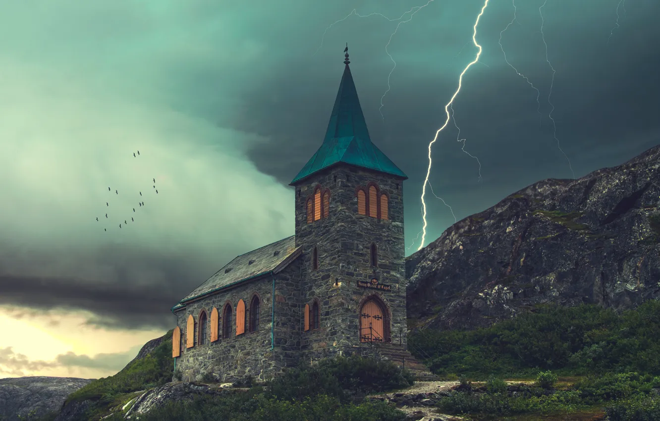 Photo wallpaper the storm, mountains, castle, lightning, Church, chapel, stone