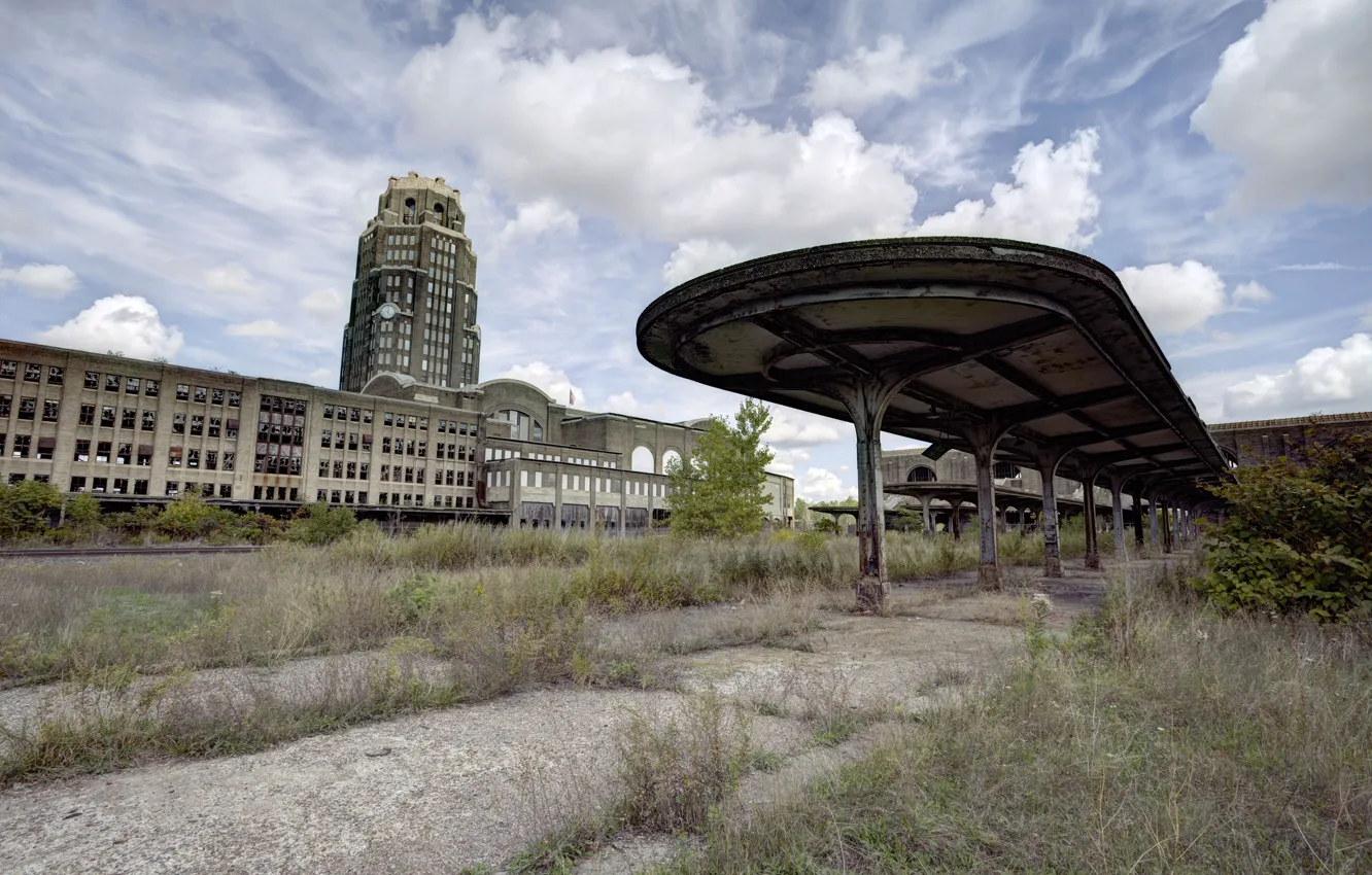Photo wallpaper the sky, grass, clouds, architecture, abandoned buildings
