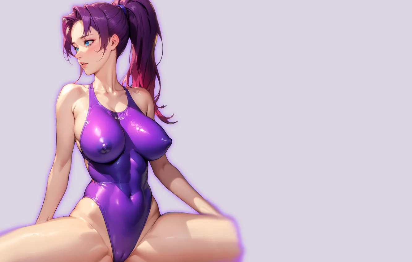 Photo wallpaper girl, boobs, anime, purple, breasts, big boobs, babe, tummy