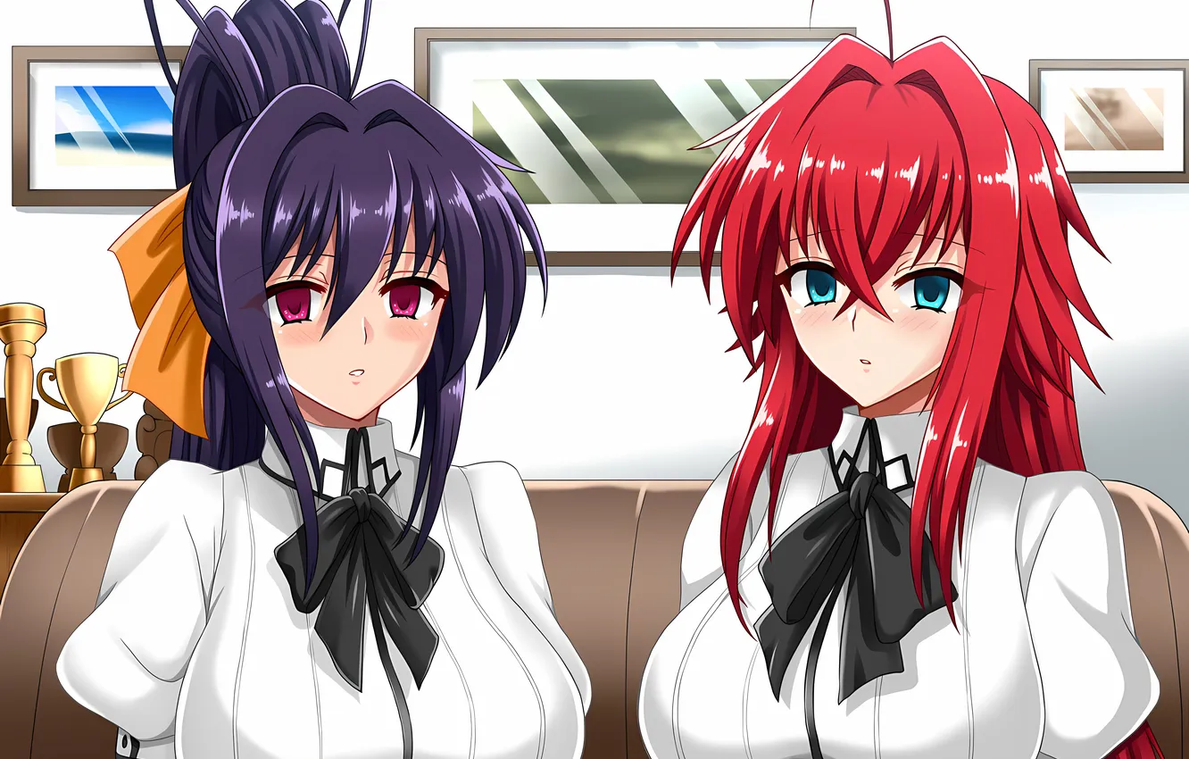 Photo wallpaper school uniform, green eyes, long hair, girls, boobs, anime, beautiful, ponytail