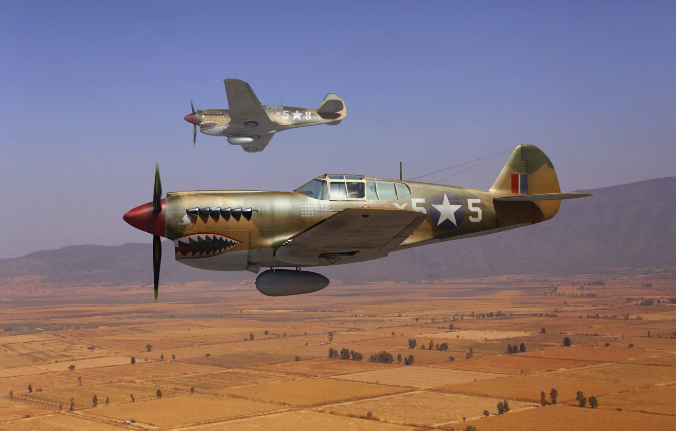 Photo wallpaper the sky, art, fighters, RAF, WW2, American, Curtiss P-40, (&ampquot;Kittyhawk&ampquot;)