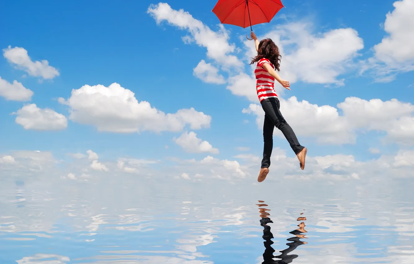 Photo wallpaper water, girl, clouds, flight, reflection, umbrella