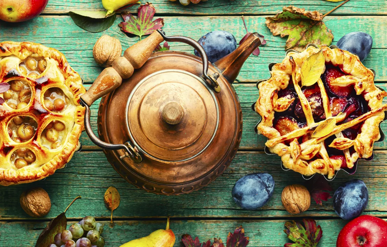 Photo wallpaper table, tea, apples, kettle, pie, grapes, the tea party, fruit