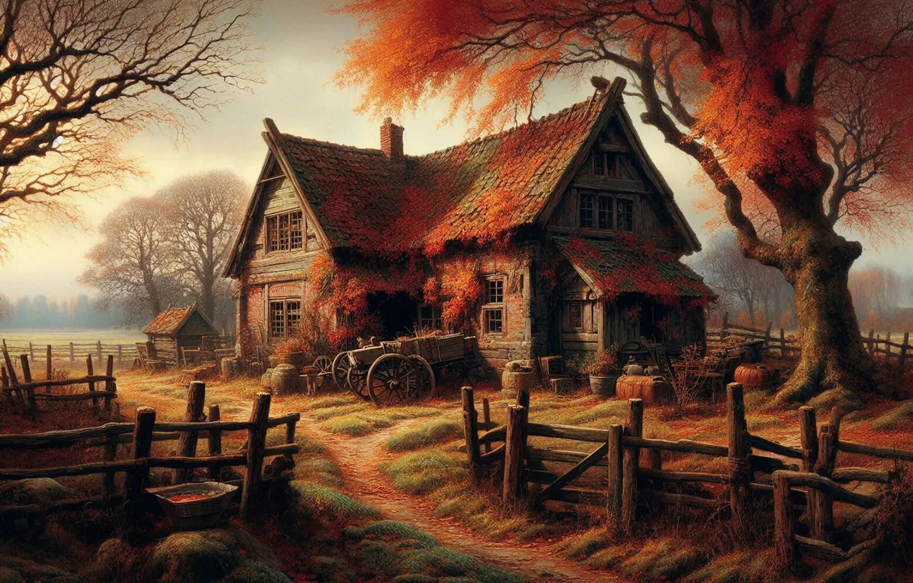 Photo wallpaper autumn, trees, home, village, house, hut, AI art, a cozy little world