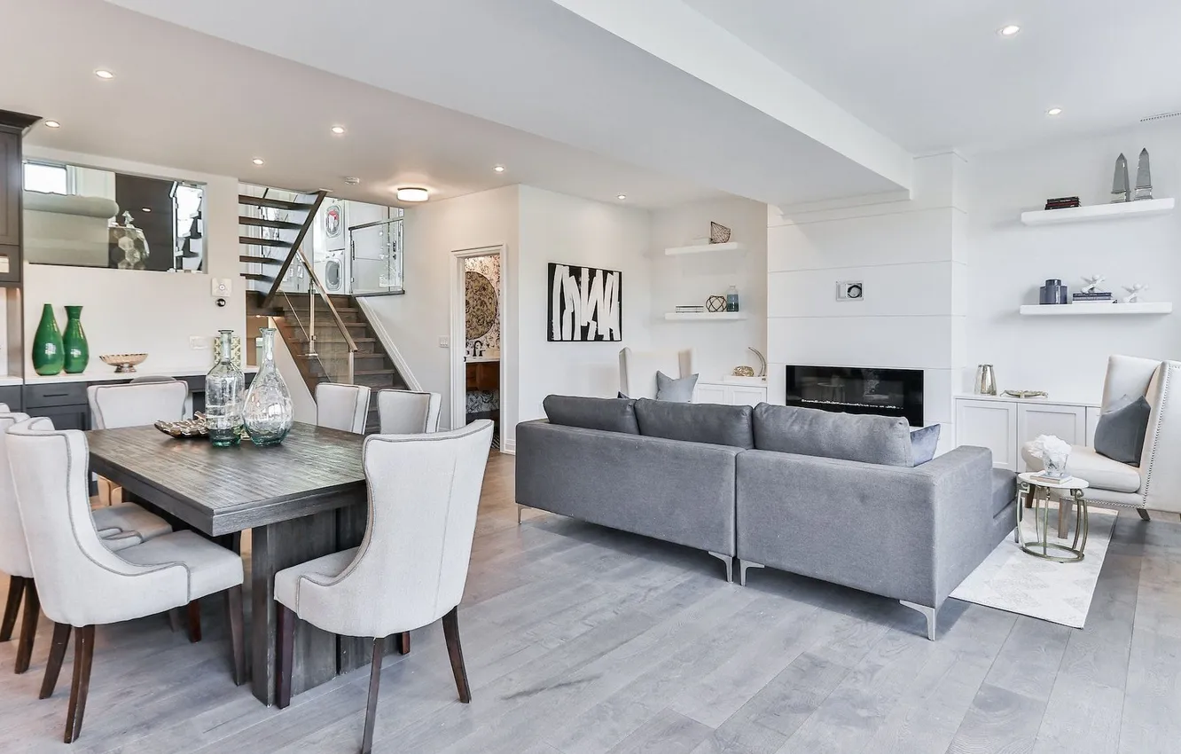 Photo wallpaper design, style, Villa, interior, ladder, living room, dining room, two levels