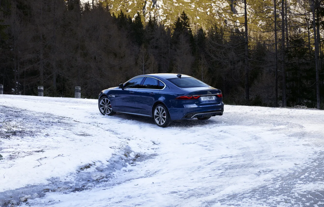 Photo wallpaper road, forest, snow, trees, Jaguar, turn, sedan, Jaguar XF