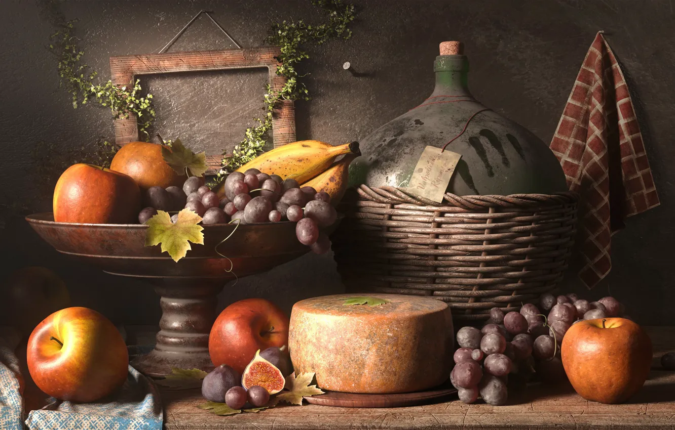 Photo wallpaper apples, cheese, grapes, bananas, pitcher, figs