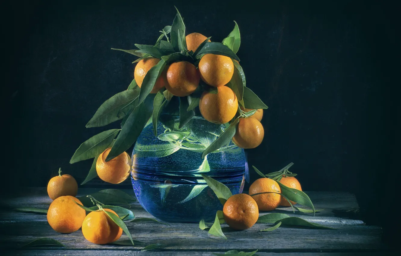 Photo wallpaper water, table, bouquet, vase, still life, tangerines