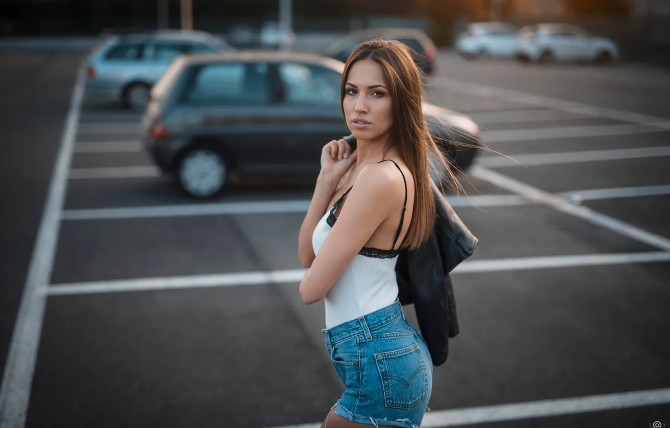 Photo wallpaper machine, look, asphalt, sexy, pose, model, shorts, portrait