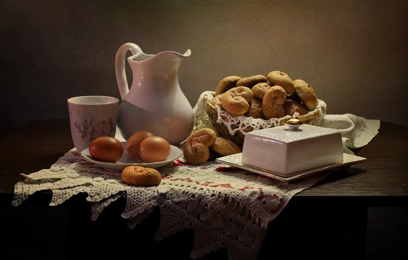 Photo wallpaper table, eggs, Cup, pitcher, still life, saucer, cakes, tablecloth