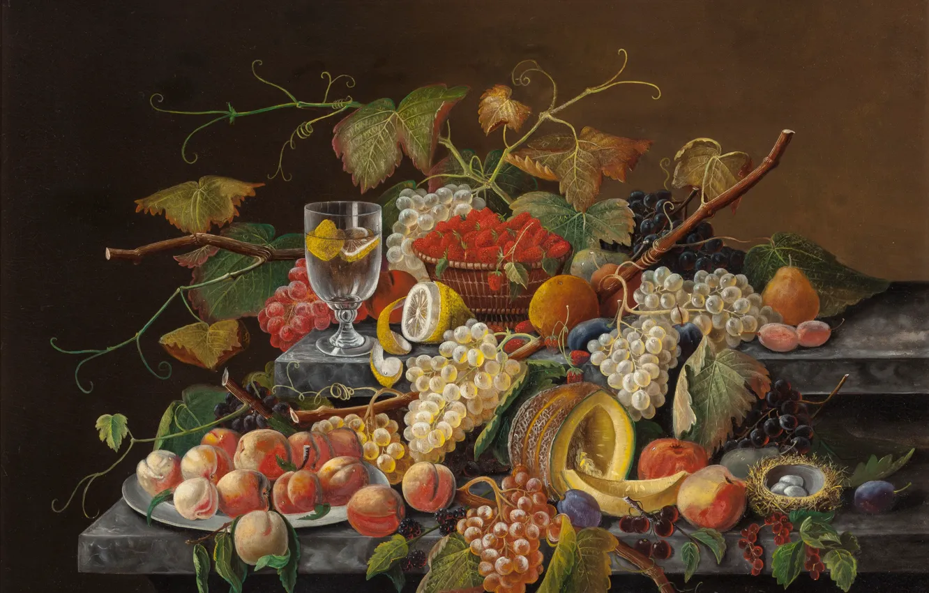 Photo wallpaper glass, fruit, still life, classic, Bird's nest