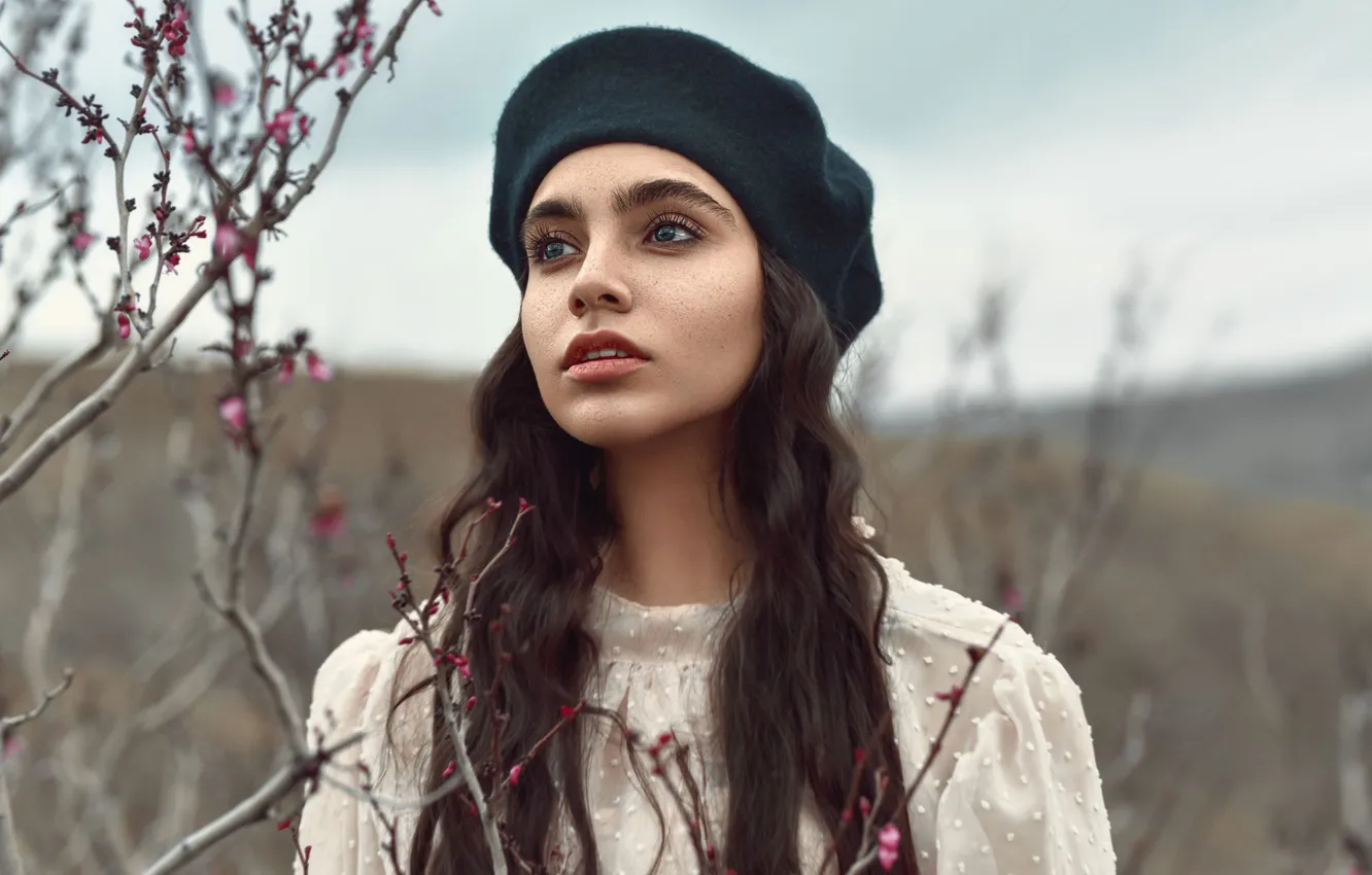 Photo wallpaper vegetation, model, portrait, makeup, brunette, hairstyle, beauty, in white