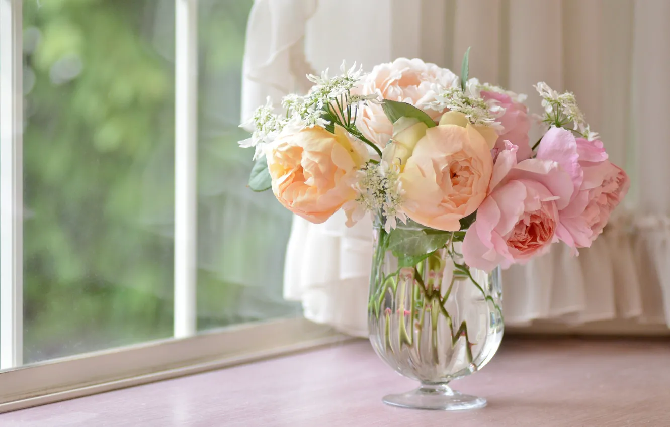 Photo wallpaper style, tenderness, roses, bouquet, window