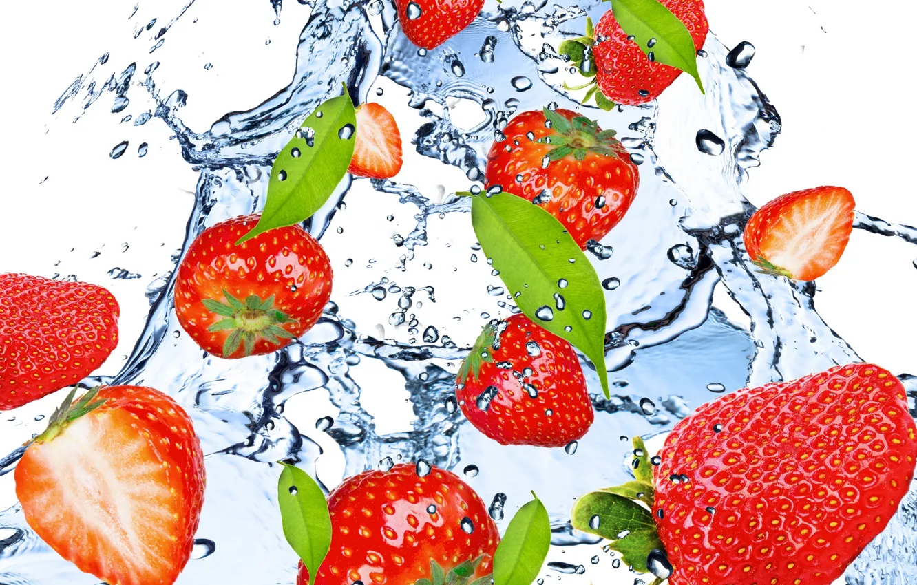 Photo wallpaper water, drops, squirt, freshness, berry, strawberry, berry, red