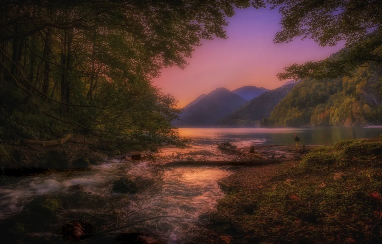 Photo wallpaper trees, landscape, sunset, mountains, nature, Abkhazia, Riza, Olga Kovaleva