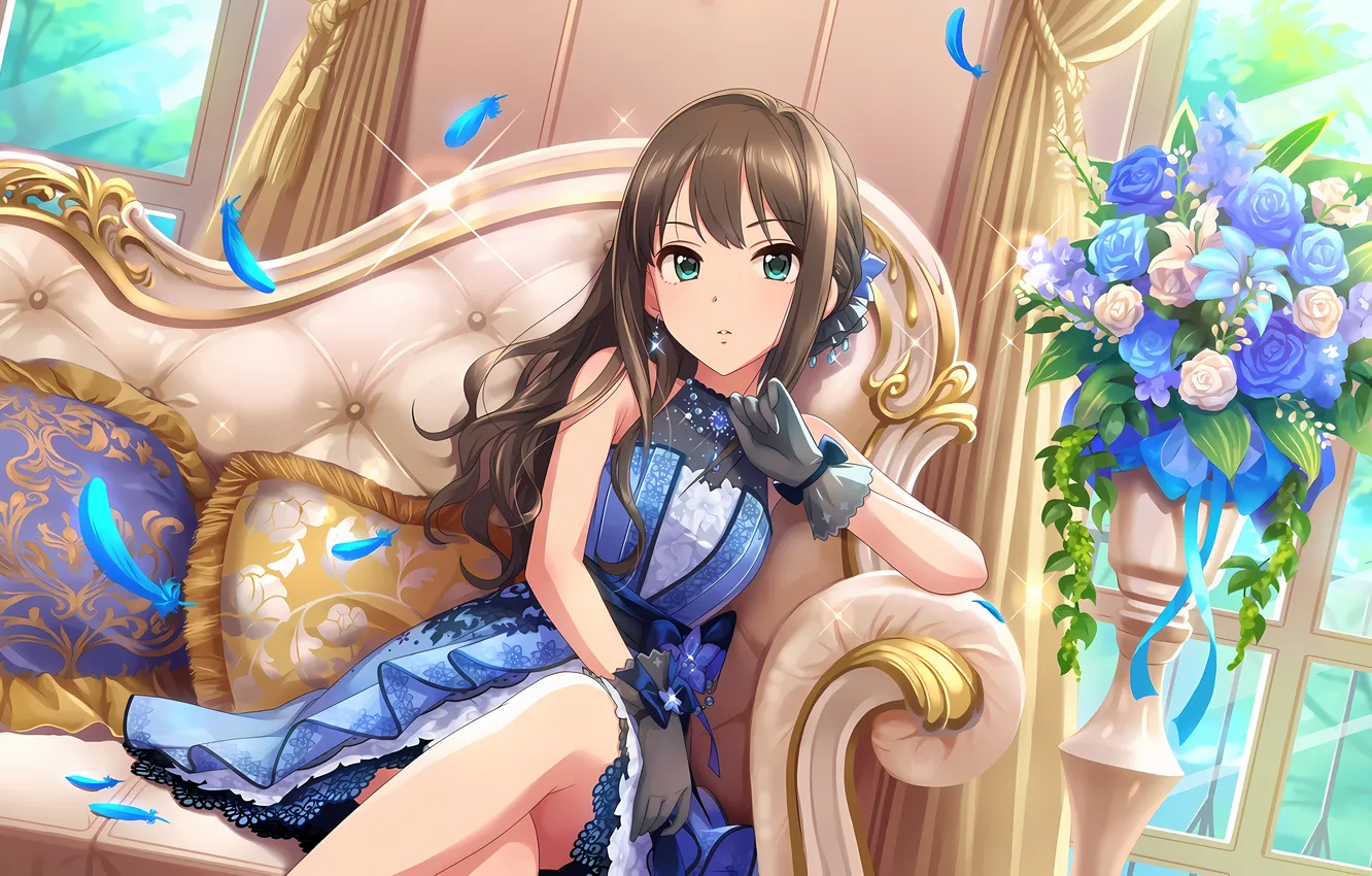 Photo wallpaper girl, long hair, dress, legs, brown hair, anime, flowers, beautiful