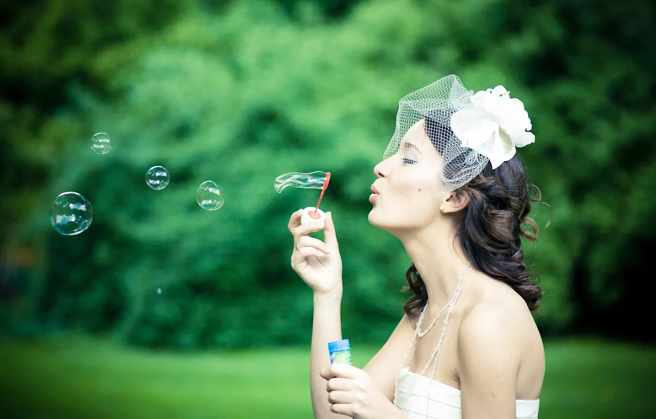 Photo wallpaper girl, flowers, bubbles, profile, brown hair, veil