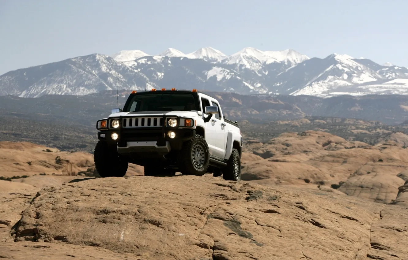 Photo wallpaper white, the sky, mountains, rocks, hammer, jeep, SUV, pickup