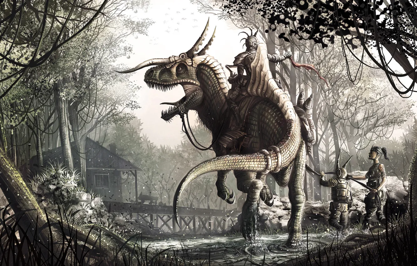 Photo wallpaper forest, home, dinosaur, armor, spikes, horns, rider, pond