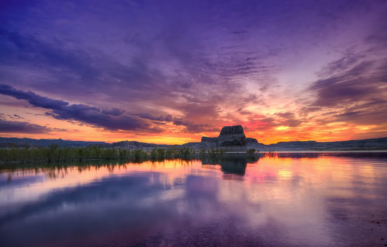 Photo wallpaper the sky, sunset, lake, rocks