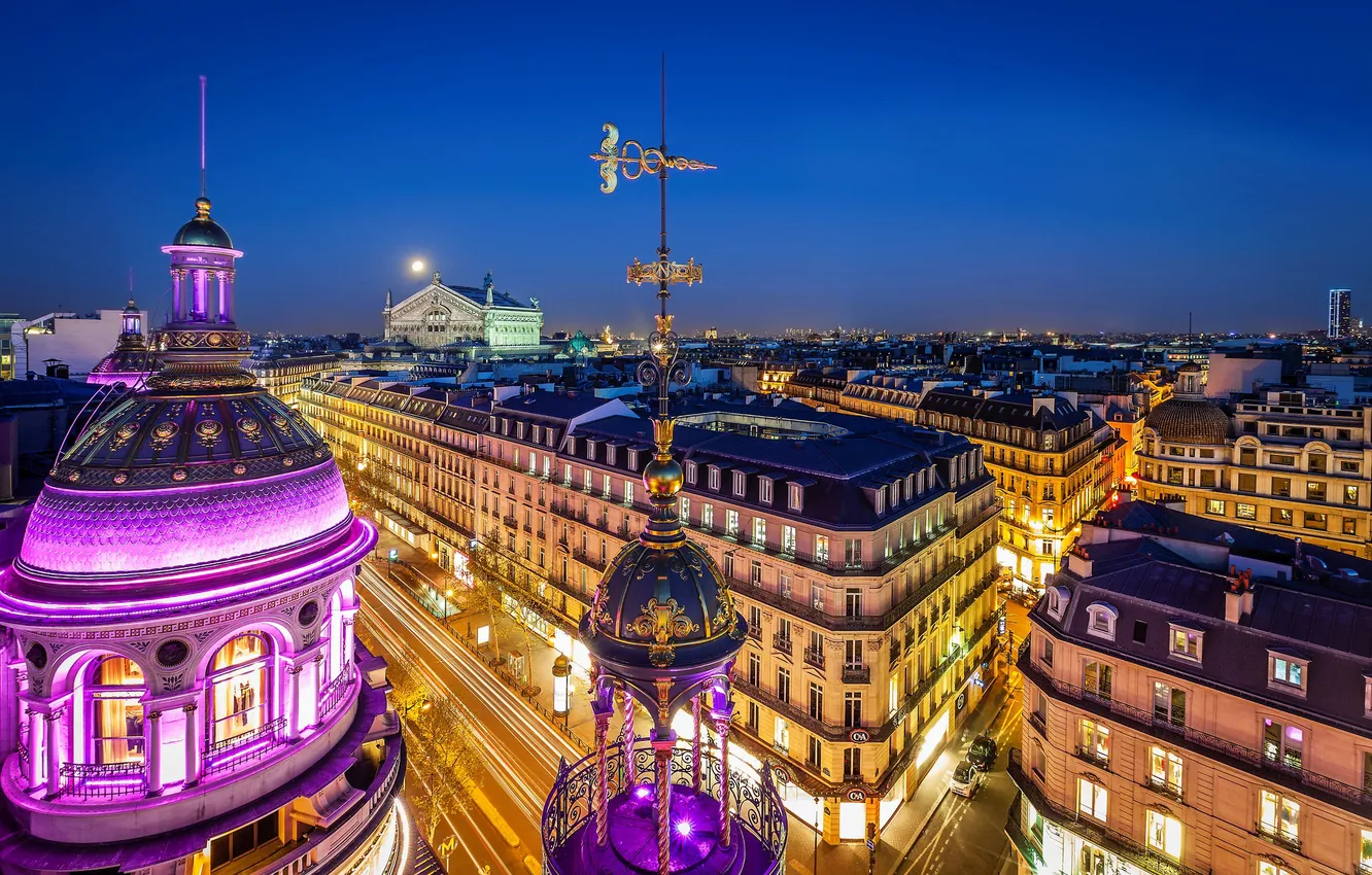 Photo wallpaper purple, the city, France, Paris, the evening, backlight, Paris, Opera Garnier