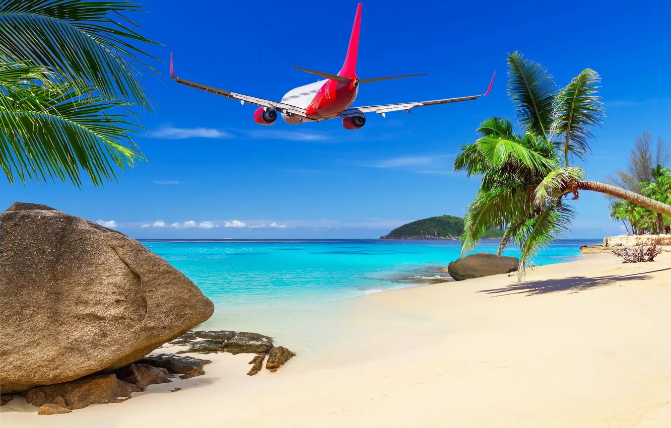 Photo wallpaper sea, beach, tropics, The plane, beach, sea, tropics, flying over the island