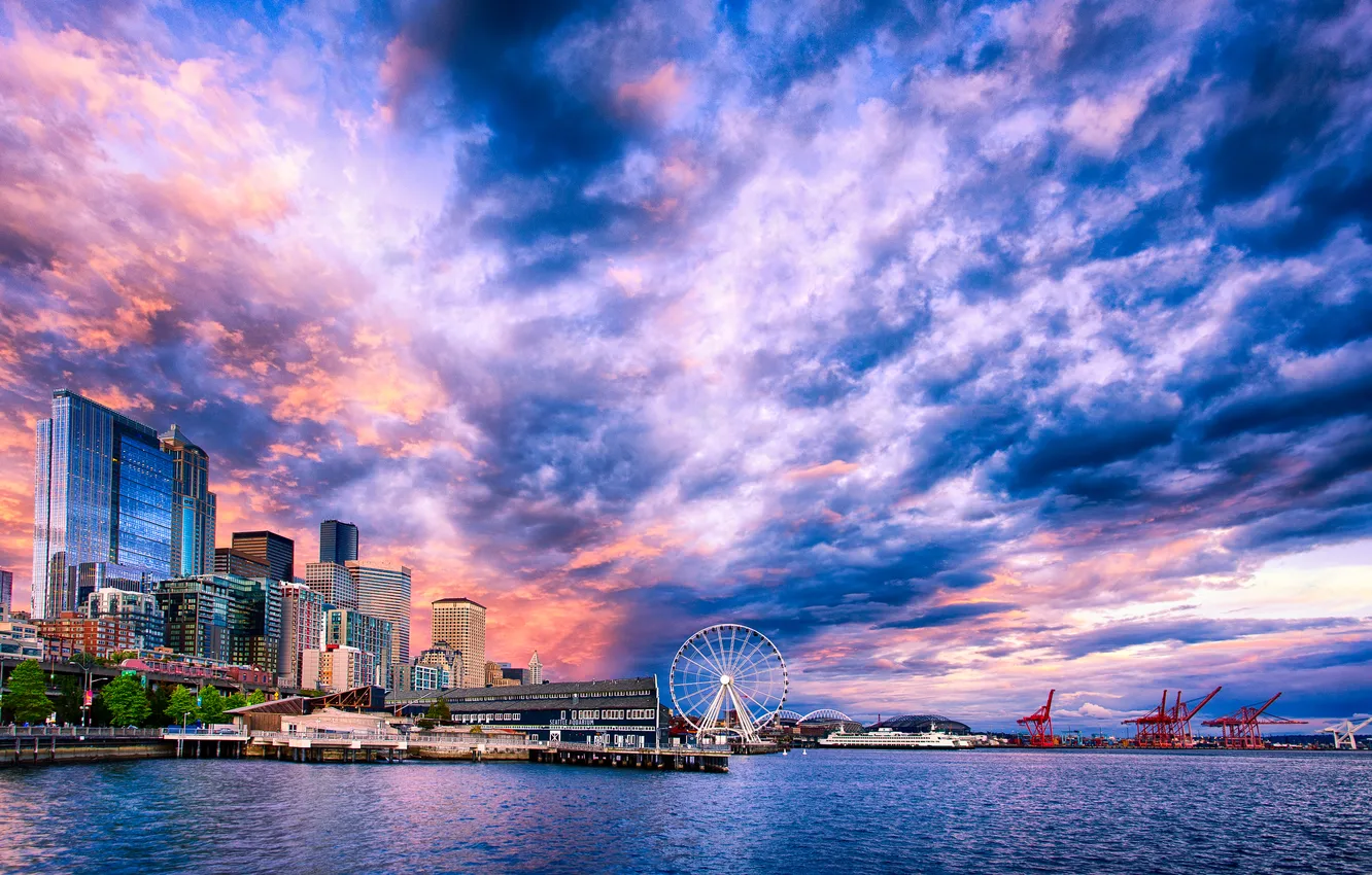 Photo wallpaper sea, the sky, clouds, home, crane, port, Bay, USA
