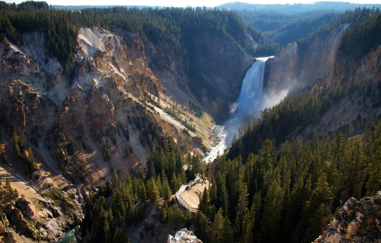 Photo wallpaper mountains, waterfall, panorama, gorge, USA, forest, Yellowstone