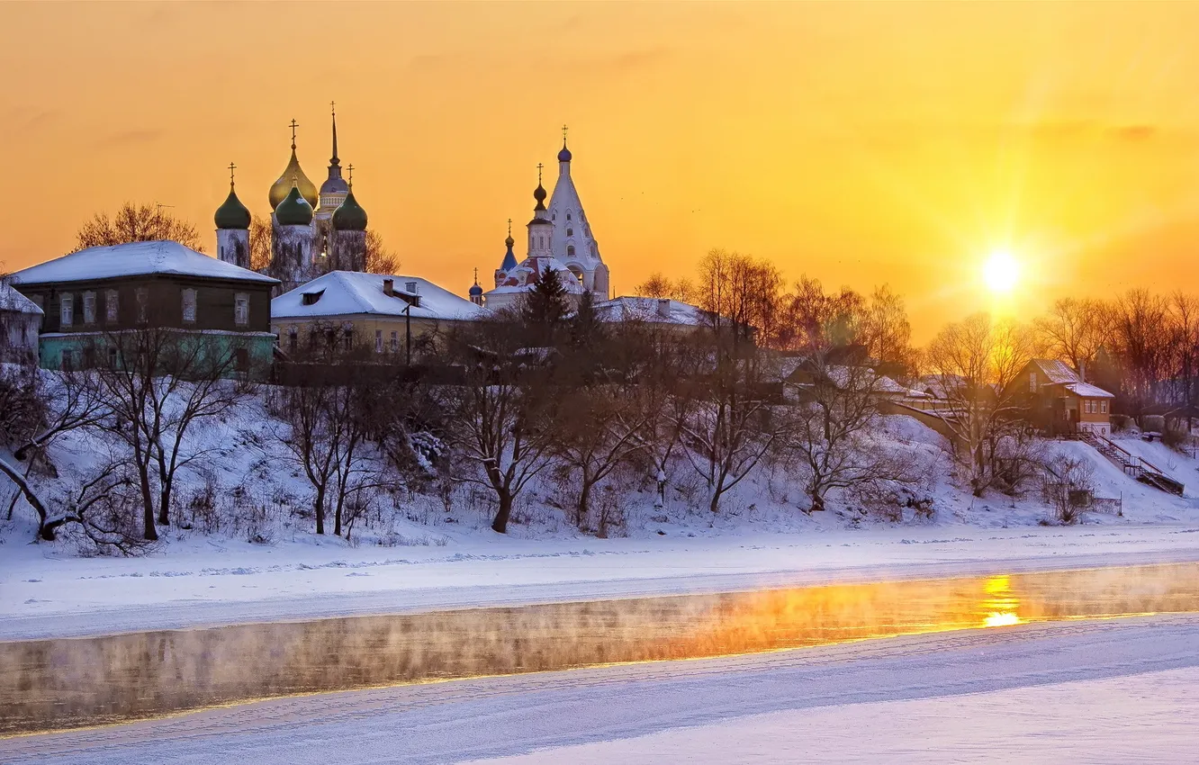 Photo wallpaper winter, landscape, sunset, river, temple