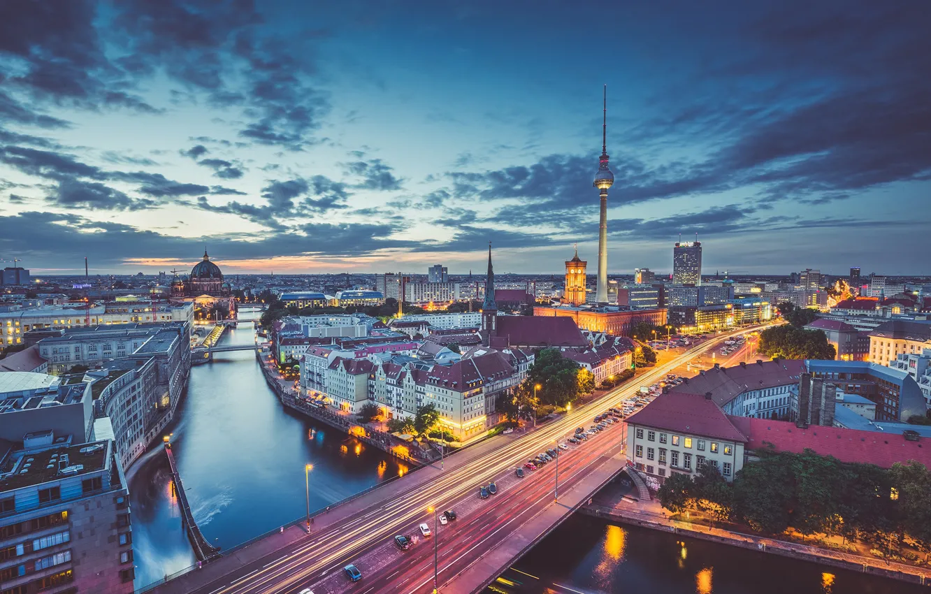 Photo wallpaper the sky, bridge, the city, skyscrapers, the evening, Germany, channel, the view from the top