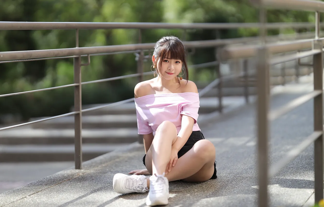 Photo wallpaper girl, pose, smile, Asian, sitting, cutie, bokeh