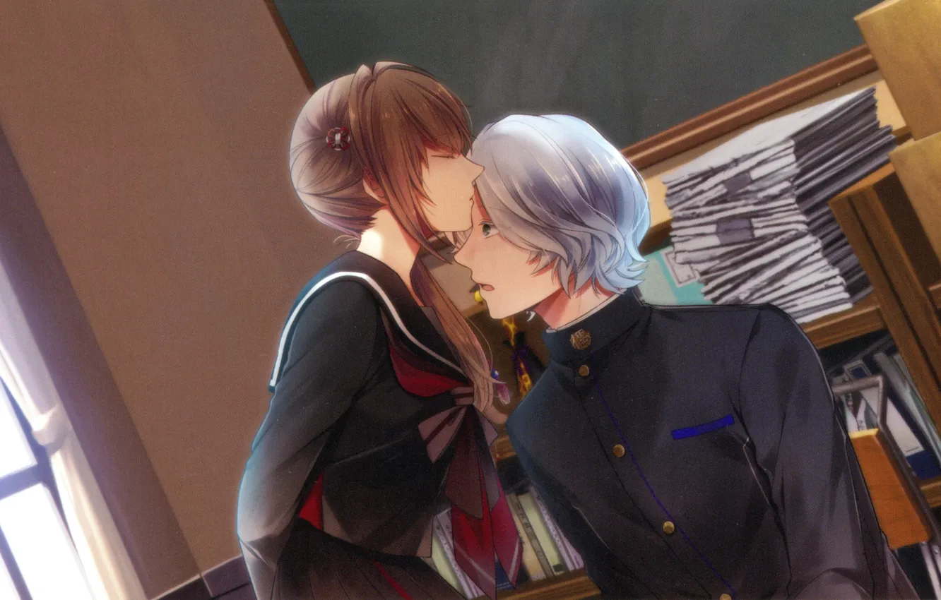Photo wallpaper kiss, students, visual novel, school Board, a stack of books, the guy with the girl, …