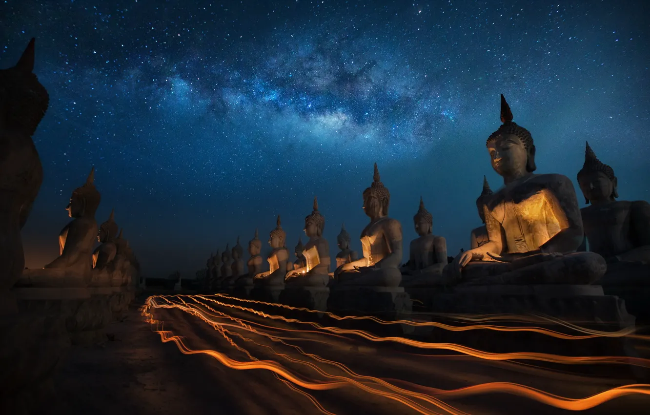 Photo wallpaper Thailand, sky, night, Candly festival, Buddha statue