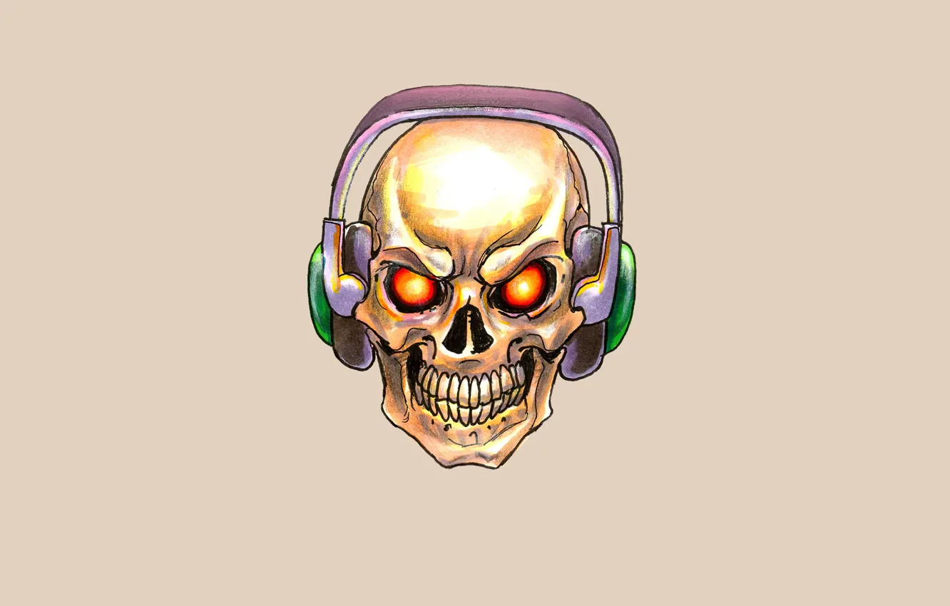 Photo wallpaper skull, minimalism, head, headphones, skeleton, sake