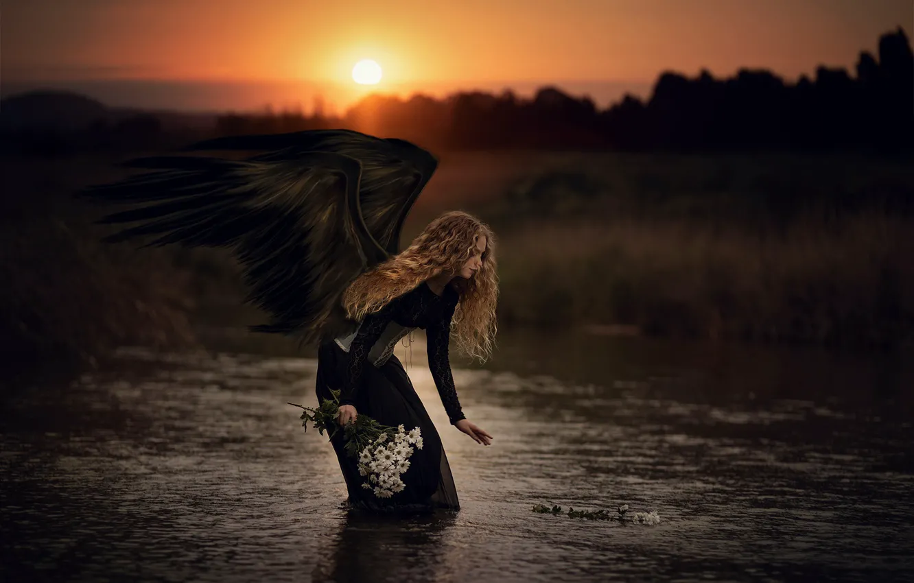 Photo wallpaper girl, river, angel