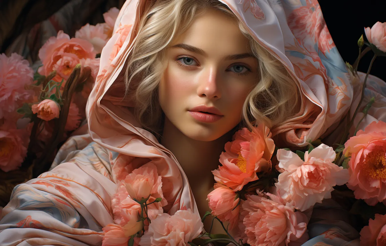Photo wallpaper look, girl, flowers, hair, blonde, digital art, AI art, The Art of Artificial Intelligence