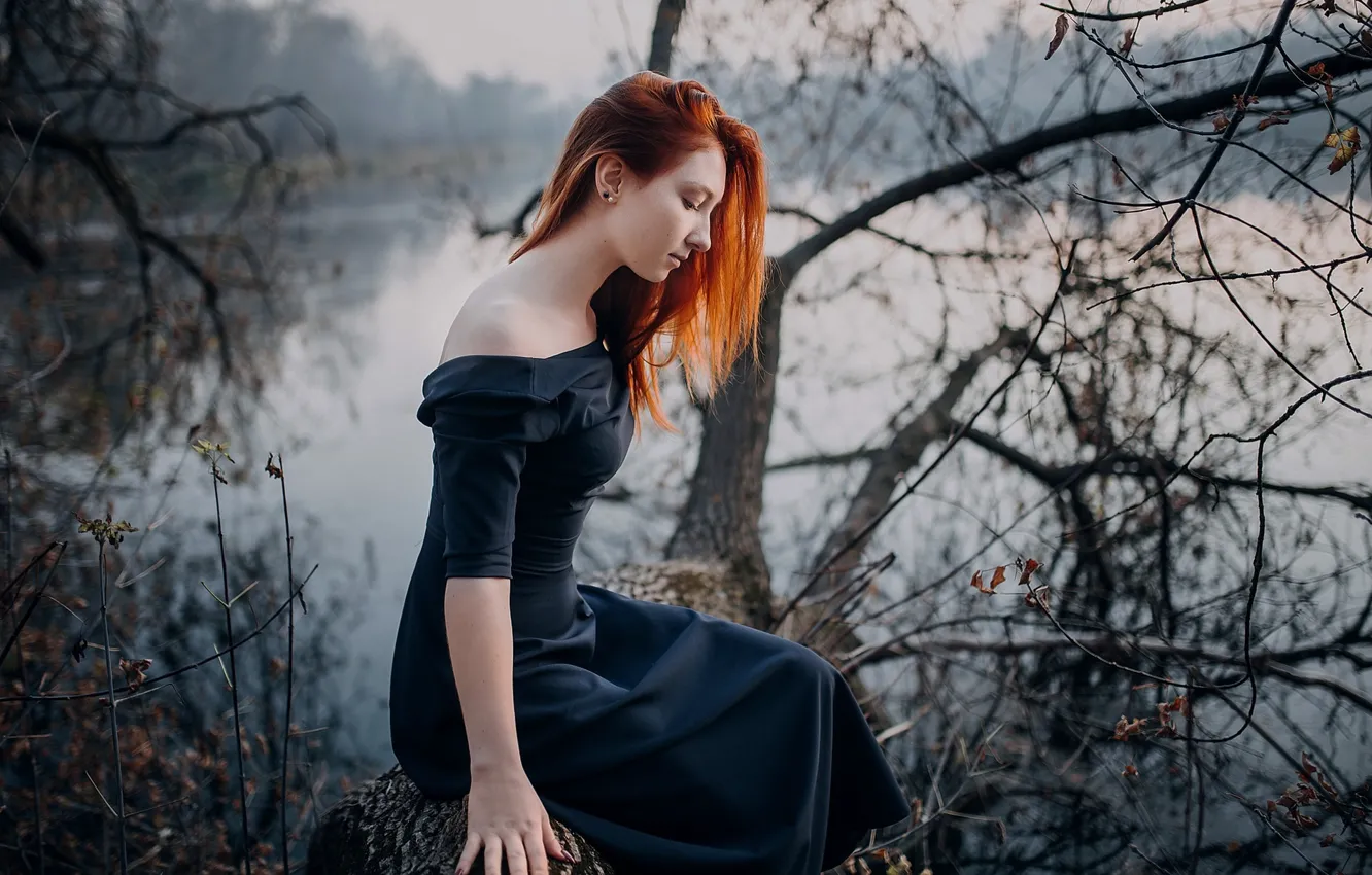 Photo wallpaper water, girl, trees, pose, river, dress, red, Eugene Sukhorukov