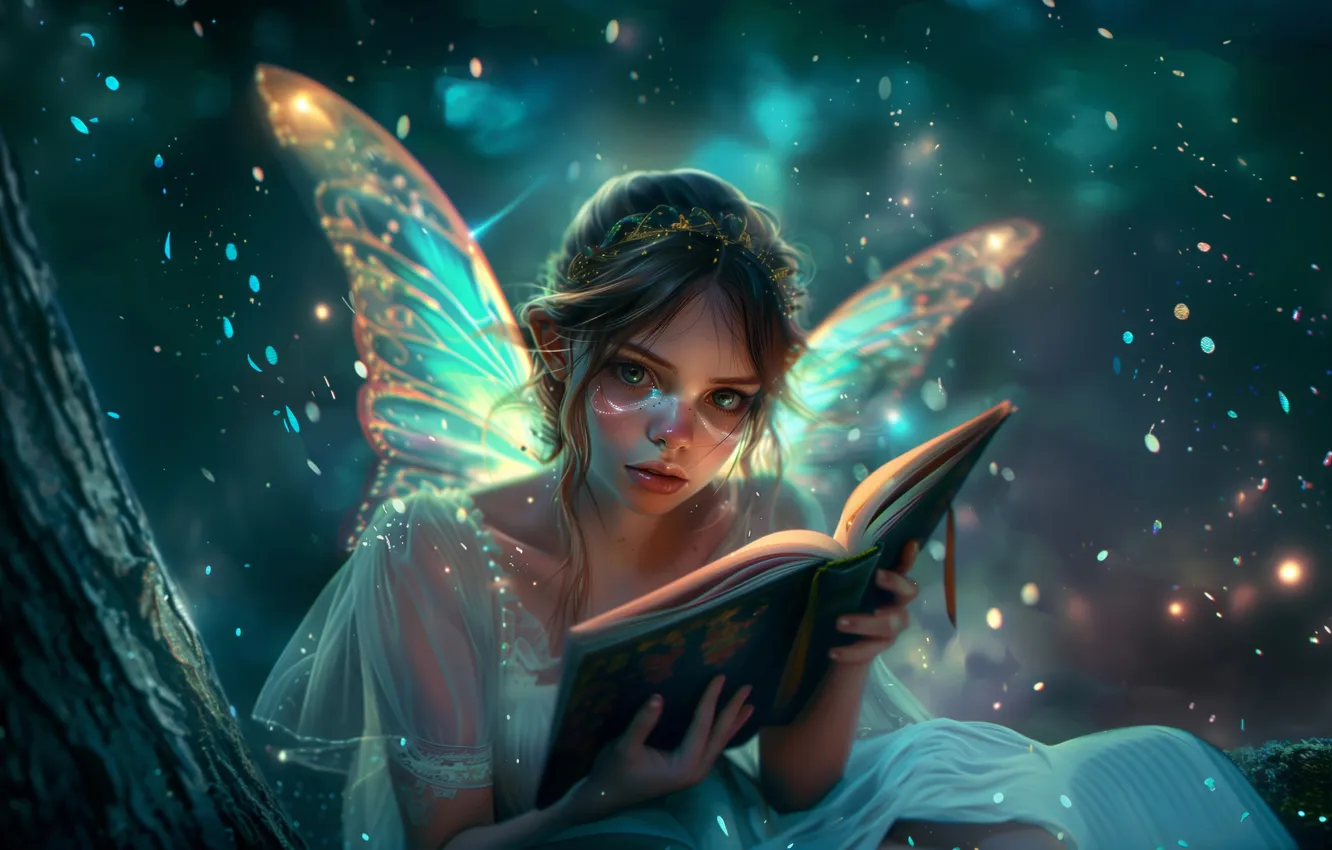 Photo wallpaper look, girl, night, hair, wings, fairy, book, digital art