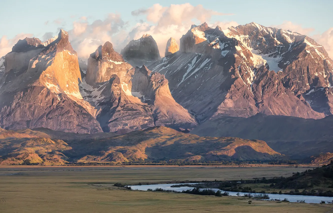 Photo wallpaper field, clouds, mountains, stream, Argentina, Patagonia